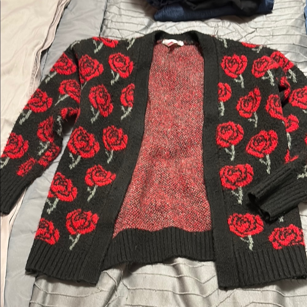 No Boundaries Black and Red Rose Cardigan Sweater